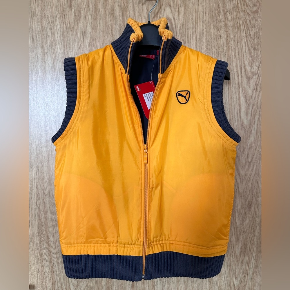 PUMA Radiant Yellow/Navy Blue Ribbed Zip Up Puffer Vest Women’s S